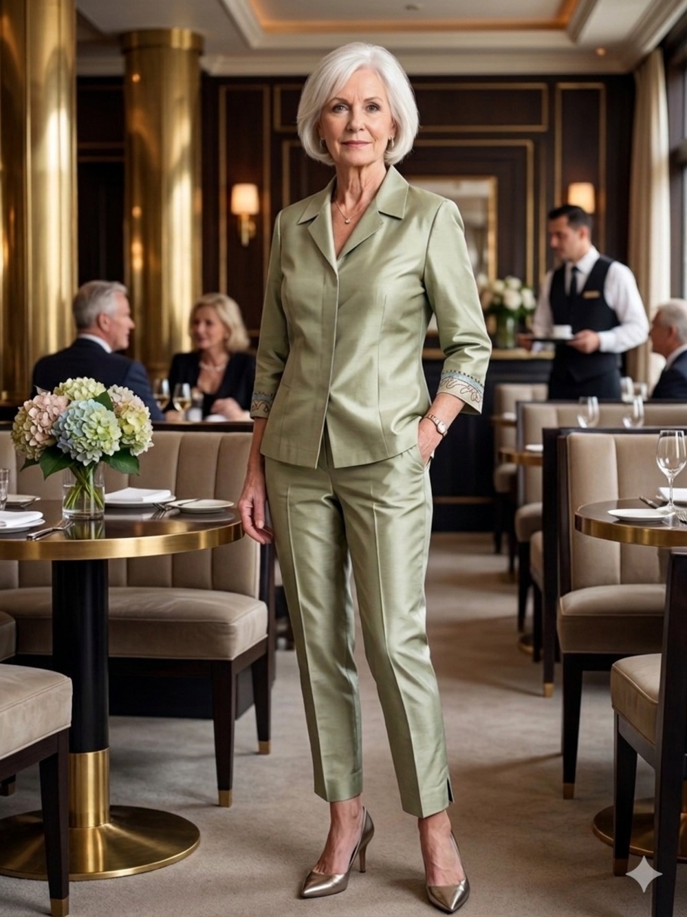 Vintage Susan Bristol  Celery Green Tailored Silk Pantsuit